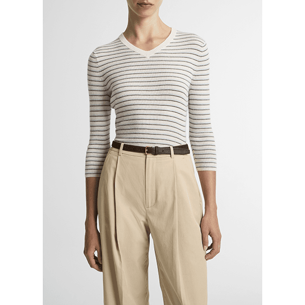 Vince Striped High V-nk L/S Clearwater/Bark Combo