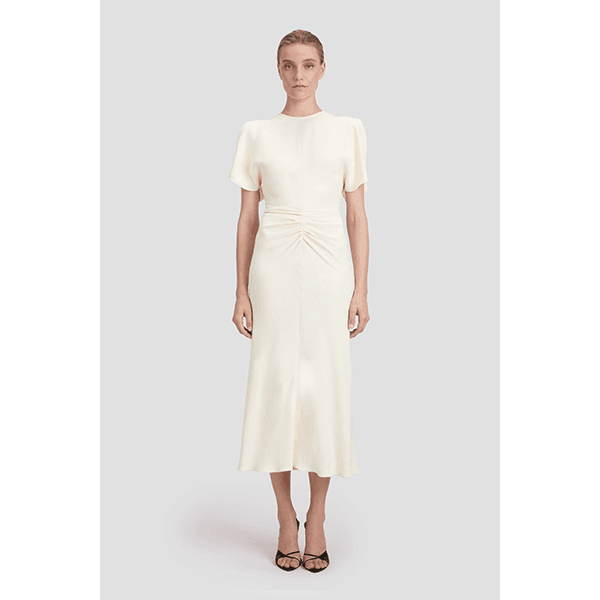 Victoria Beckham Gathered Waist Midi Dress Ivory