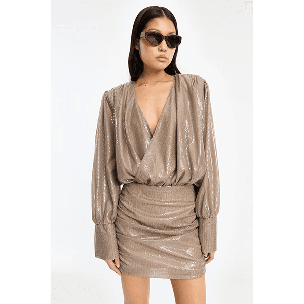 ROTATE Sequins LS Mini Dress Fossil