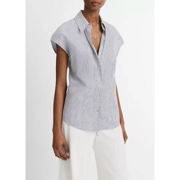 Vince Ticking Stripe Cap Slv Blouse Iris Slate/Off White
