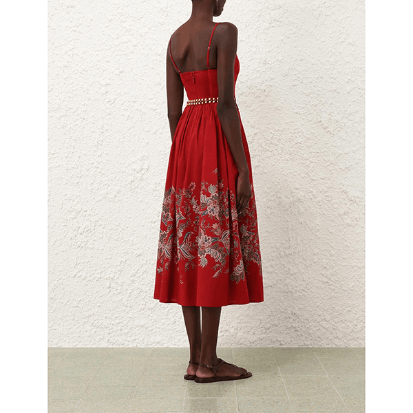 Zimmermann Rhiannon Corset Midi Dress Red Multi Paisley